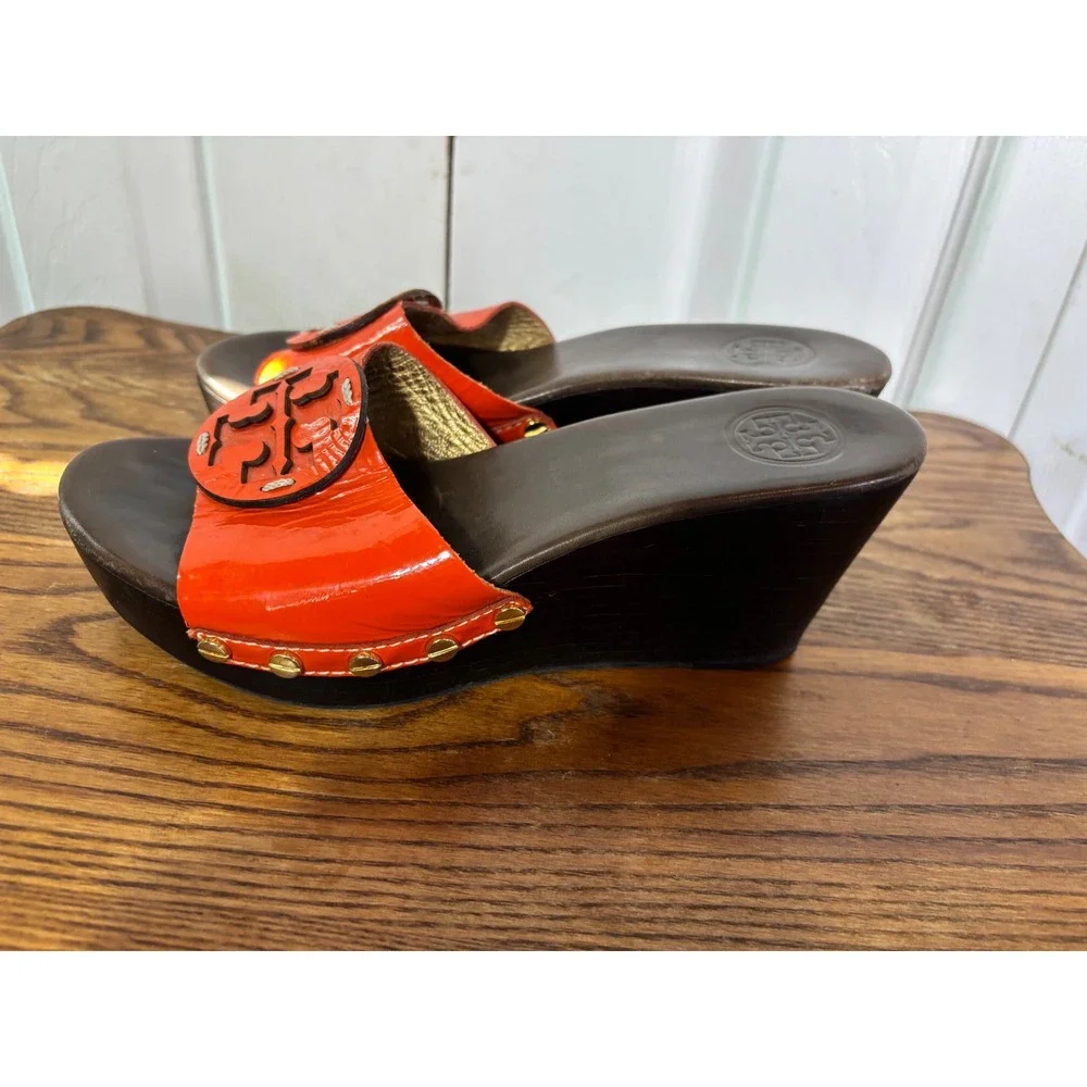 Tory Burch Women's Orange Patent Leather Logo Clog Platform Wedge Slides size‎ 6
